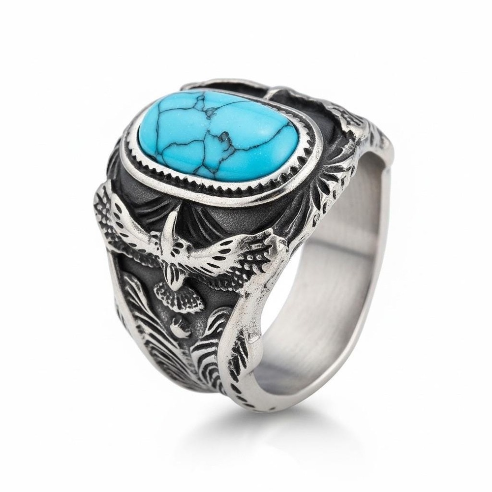 Mens Stainless Steel Eagle Ring Turquoise Accent Statement Size 11